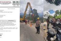 Kolase foto surat pemberitahuan PT BBN dan saat petugas kepolisian melakukan pengamanan jalan di Pekon Datarajan, Ulu Belu, Tanggamus, Minggu 5 Januari 2025 | Dok. Istimewa/Mustar Arifin/Media Prioritastv.com.