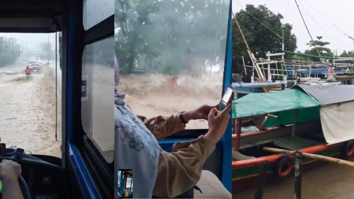 Kolase foto detik-detik pemotor terseret banjir di Bandar Lampung dan kapal terbawa arus Sungai Way Belau, Kota Karang, Jumat 17 Januari 2025 | Tangkapan Layar Video.