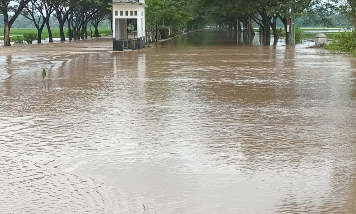 Kondisi banjir di jalan utama menuju komplek Pemkab Pringsewu, Senin 20 Januari 2025 pagi | Samuel/Media Prioritastv.com.