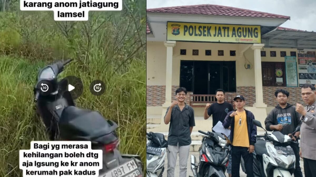 Kolase foto saat postingan warga menemukan sepeda motor di semak-semak karang anom jati agung dan saat para korban mengambil motornya di Polsek Jati Agung, Selasa 28 Januari 2025 | Dok. Istimewa.