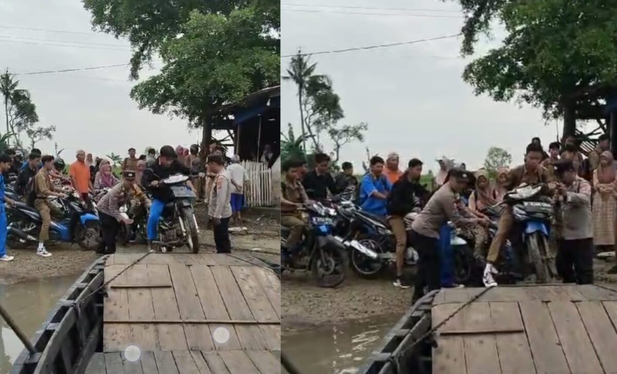 Kolase foto saat anggota Polsek Way Bungur, Lampung Timur membatu siswa menaikan motor ke perahu penyebrangan, Kamis 30 Januari 2025 | Dok. Humas Polres Lampung Timur.