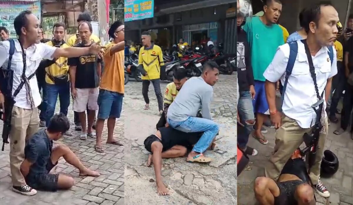 Kolase foto salah satu terduga begal motor bersenpi yang berhasil ditangkap polisi bersama warga di Bandar Lampung, Kamis 30 Januari 2025, siang | Dok. Tangkapan Layar Video.