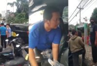Kolase foto mobil maxim yang diduga dirampok menabrak mobil didepannya dan sopir maxim dalam kondisi berdarah serta kerumunan warga di depan SDN2 Rajabasa, Bandar Lampung, Kamis 30 Januari 2025 | Dok. Tangkapan Layar Video.