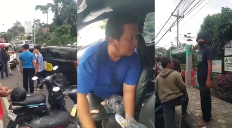 Kolase foto mobil maxim yang diduga dirampok menabrak mobil didepannya dan sopir maxim dalam kondisi berdarah serta kerumunan warga di depan SDN2 Rajabasa, Bandar Lampung, Kamis 30 Januari 2025 | Dok. Tangkapan Layar Video.