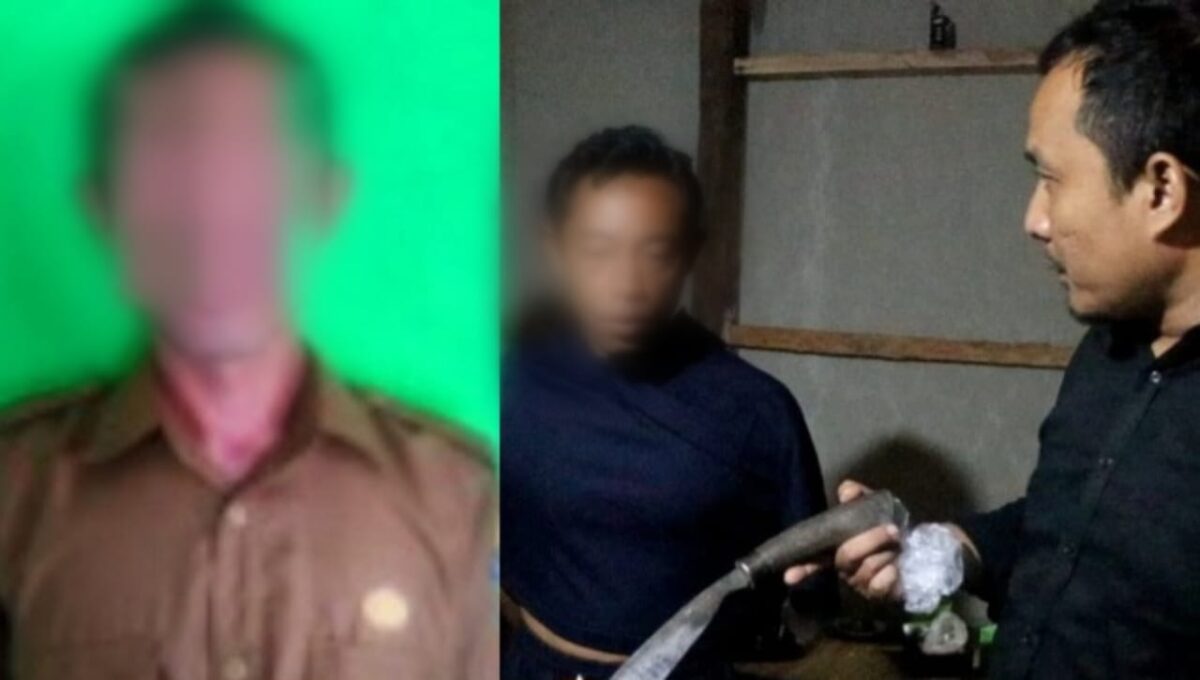 Kolase foto JH saat berpakaian dinas Kadus dan saat diamankan polisi berikut barang bukti sebilah golok di kediamannya, Kamis 30 Januari 2025.