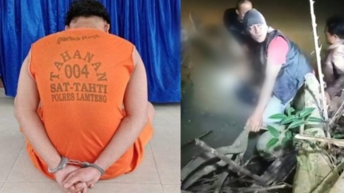 Kolase foto tersangka saat dihadirkan di Polres Lampung Tengah Jumat (31/1/25) dan saat korban dievakuasi warga dari Sungai Way Waya, Bumi Aji, Anak Tuha, Lampung Tengah, Kamis (30/1/25).
