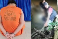 Kolase foto tersangka saat dihadirkan di Polres Lampung Tengah Jumat (31/1/25) dan saat korban dievakuasi warga dari Sungai Way Waya, Bumi Aji, Anak Tuha, Lampung Tengah, Kamis (30/1/25).