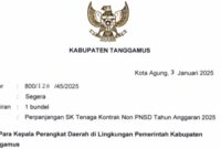 Surat Edaran (SE) nomor 800/128/45/2025 tentang Perpanjangan SK Tenaga Kontrak Non PNSD Tahun 2025 yang diterbitkan Pemkab Tanggamus pada tanggal 3 Januari 2025. (Dok. Pemkab Tanggamus)
