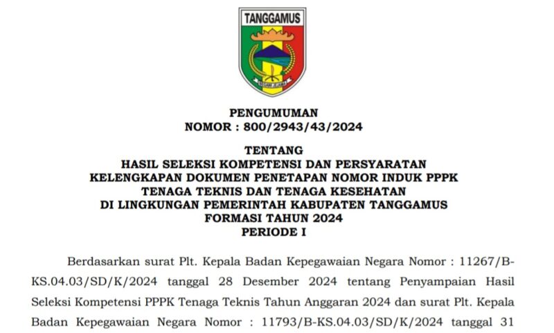 Pengumuman Kelulusan PPPK Tanggamus | tanggamus.go.id.