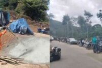 Kolase foto penguatan dinding jalan Ulu Belu dan saat warga menunggu buka tutup jalan proses perbaikan | Dok. Yusuf Setiawan.