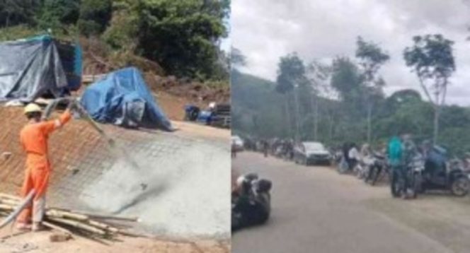 
 Kolase foto penguatan dinding jalan Ulu Belu dan saat warga menunggu buka tutup jalan proses perbaikan | Dok. Yusuf Setiawan.