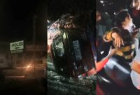 Kolase foto laporan kecelakaan di depan KSPK Bakauheni, mobil Calya terjungkal dan proses evakuasi penumpangnya, Kamis 9 Januari 2025, malam | Tangkapan Layar Video.