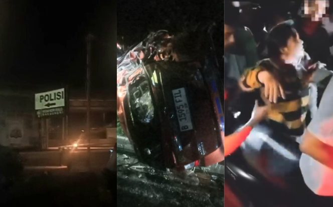 
 Kolase foto laporan kecelakaan di depan KSPK Bakauheni, mobil Calya terjungkal dan proses evakuasi penumpangnya, Kamis 9 Januari 2025, malam | Tangkapan Layar Video.