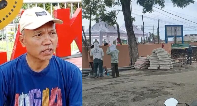 Kolase foto saat Sekretaris PUPR Tanggamus Ari Yuda saat memberikan keterangan dan saat pekerja melakukan perbaikan TPT Ambrol di RTH Taman Ir Soekarno, Kota Agung, Sabtu 11 Januari 2025 | Herdi/Media Prioritastv.com. 