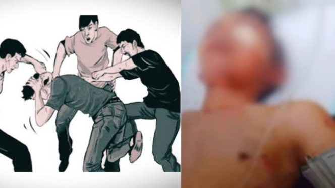 Kolase foto ilustrasi pengeroyokan di Talang Padang, Tanggamus dan saat korban yang mendapatkan penanganan medis sebelum meninggal dunia, Minggu 5 Januari 2025.