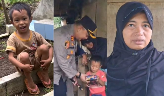 
 Kolase foto bocah viral di makam ayahnya dan saat Kapolres Tanggamus berkunjung ke kediamannya serta Surtini, ibu sang bocah | Asrul Ariski/Media Prioritastv.com.