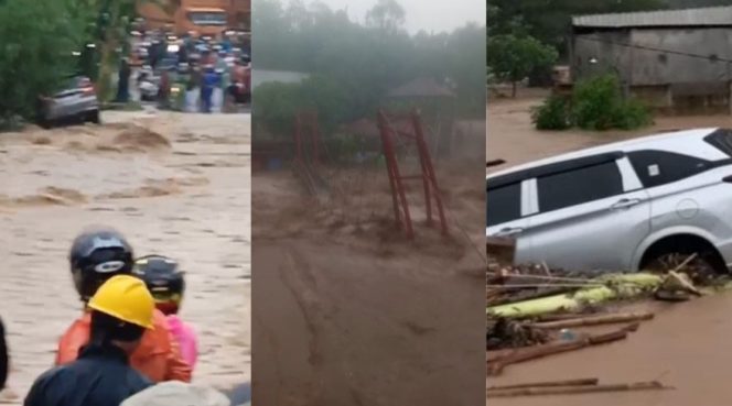 
 Kolase foto saat mobil terbawa banjir di Bandar Lampung dan Jembatan Merah Sumur Putri tergusur banjir, Jumat 17 Januari 2025 | Tangkapan Layar Video.