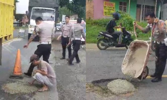 
 Penambalan jalan rusak di Gading Rejo, Pringsewu, Minggu 26 Januari 2025 | Dok. Humas Polres Pringsewu.