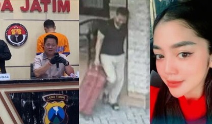 Kolase foto saat Polda Jawa Timur menggelar konferensi pers, Senin 27 Januari 2025 dan saat Antok membawa koper berisi potongan tubuh korban serta korban Uswantun Khasanah semasa hidupnya | Dok. Berbagai Sumber.