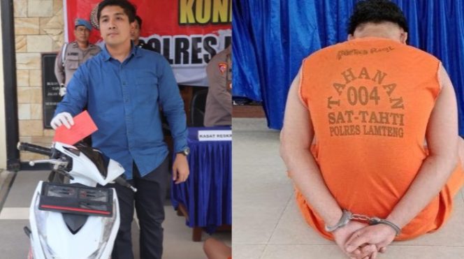 
 Kolase foto sepeda motor korban yang digadaikan tersangka dan tersangka Rafly saat dihadirkan dalam konferensi pers Polres Lampung Tengah, Jumat 31 Januari 2025.