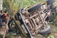 Truk terguling saat tak kuat menanjak di tanjakan tebing ABRI Ulu Belu Tanggamus, Jumat 7 Februari 2025 | Dok. Istimewa.