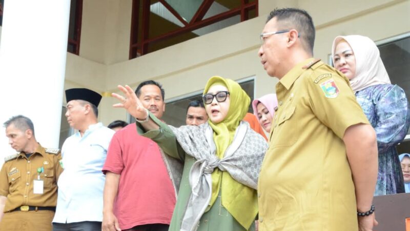 Ketua Tim Penggerak PKK Kabupaten Tanggamus, Hj. Siti Mahmudah, meninjau langsung proses perbaikan masjid Nurul Faizin Komplek Islamic Center Tanggamus, Selasa 25 Februari 2025 | Dok. Kominfo Tanggamus.