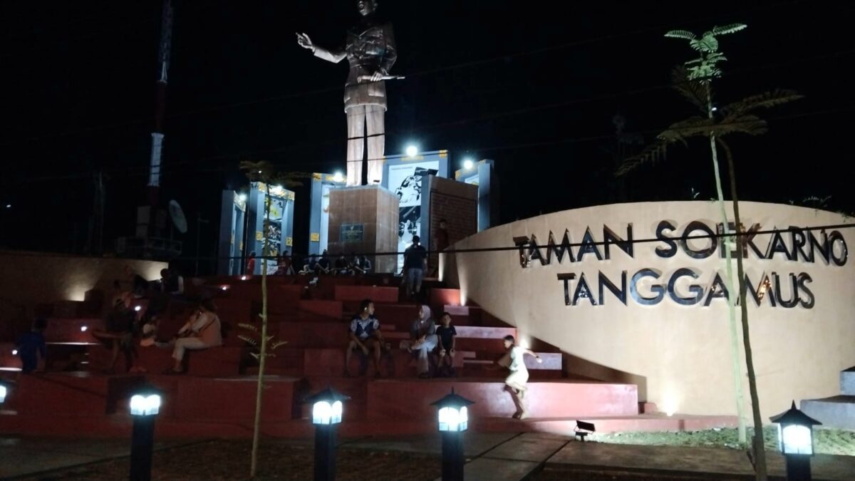 Keindahan Taman Seokarno Kota Agung Tanggamus yang dibadikan dari pinggir jalan raya, Sabtu 1 Februari 2025, malam | Herdi/Media Prioritastv.com.