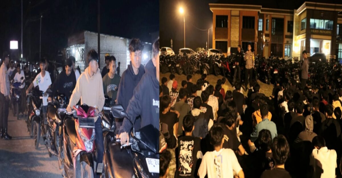 Kolase foto saat para pemuda mendorong motor mereka ke Polres Pringsewu dan saat diberikan arahan oleh Kapolres AKBP M. Yunnus Saputra, Minggu 2 Februari 2025 | Dok. Humas Polres Pringsewu.