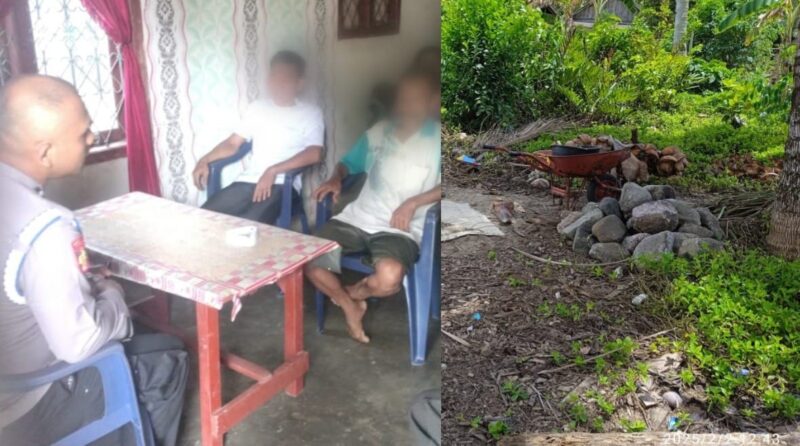 Kolase foto saat anggota Polsek Pematang Sawa secara persuasif menyampaikan penghentian penambangan batu di muara sungai dan batu yang ditambang oleh RM, Minggu 2 Februari 2025 | Dok. Polres Tanggamus.