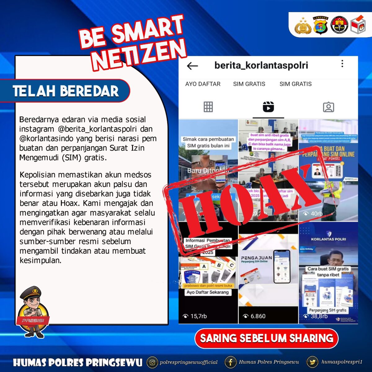 Informasi Hoax yang disampaikan Polres Pringsewu.