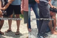 Kolase foto saat Bokir ditangkap massa di Jalan Bumi Jaya, Terbaya, Kota Agung, Tanggamus usai diduga mencuri HP di Way Taman, Pasar Madang, Kamis 6 Februari 2025 | Dok. Tangkapan Layar Video.