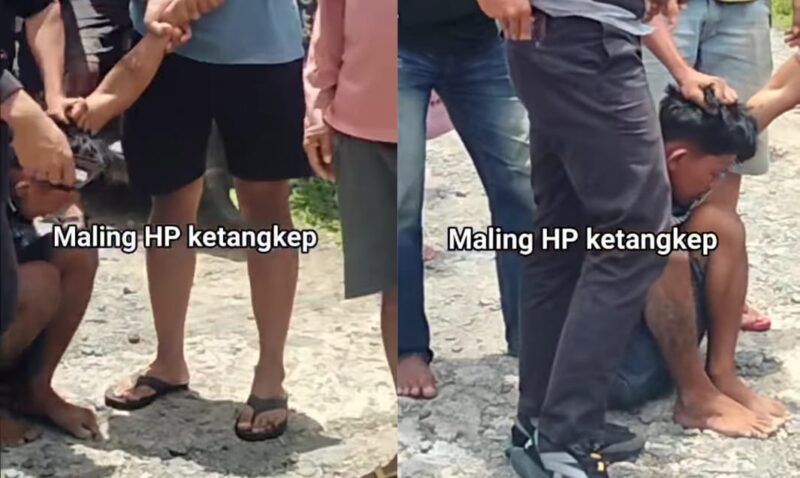 Kolase foto saat Bokir ditangkap massa di Jalan Bumi Jaya, Terbaya, Kota Agung, Tanggamus usai diduga mencuri HP di Way Taman, Pasar Madang, Kamis 6 Februari 2025 | Dok. Tangkapan Layar Video.