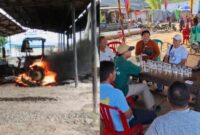 Kolase foto kebakaran alat berat paska penyerangan dan petugas kepolisian yang bersiaga di mess perkebunan sawit PT. Prima Alumga, Mesuji, Kamis 6 Februari 2025.