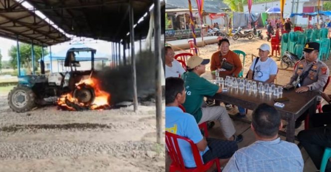 Kolase foto kebakaran alat berat paska penyerangan dan petugas kepolisian yang bersiaga di mess perkebunan sawit PT. Prima Alumga, Mesuji, Kamis 6 Februari 2025.