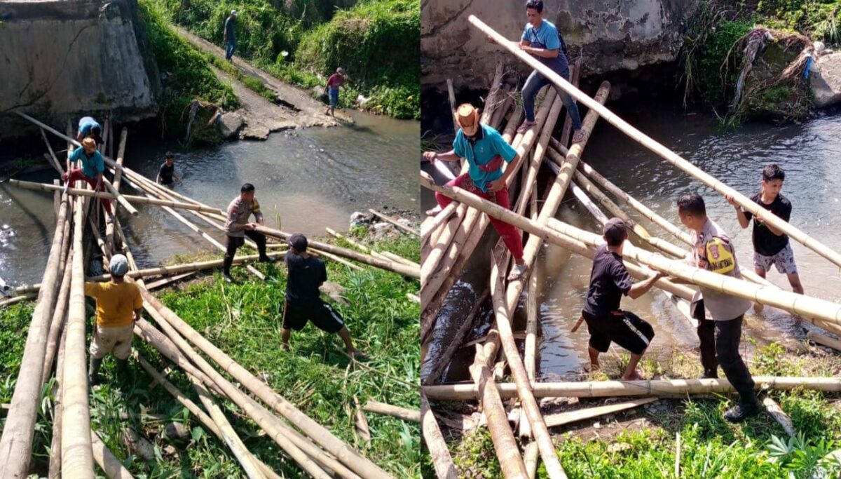 Kolase foto saat Bhabinkamtibmas bersama warga gotong royong melalukan perbaikan jembatan di Pekon Kedaung, Pardasuka, Pringsewu, Jumat 7 Februari 2025.