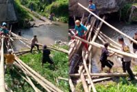Kolase foto saat Bhabinkamtibmas bersama warga gotong royong melalukan perbaikan jembatan di Pekon Kedaung, Pardasuka, Pringsewu, Jumat 7 Februari 2025.