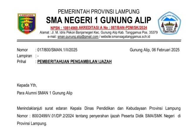 
 Pengumuman SMAN 1 Gunung Alip Tanggamus | Dok. SMAN 1 Gunung Alip.