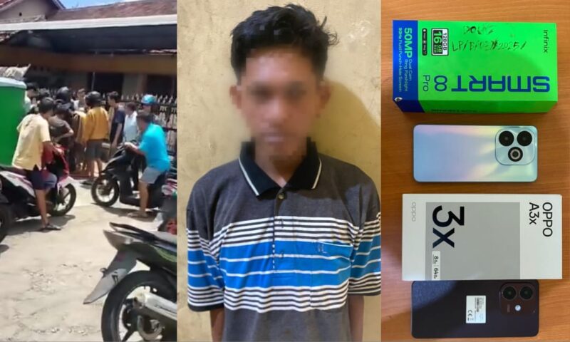 Kolase foto saat Bokir ditangkap di Jalan Bumi Jaya, Terbaya dan saat diamankan di Polsek Kota Agung bersama barang bukti hasil kejahatannya, Kamis 6 Februari 2025 | Dok. Tangkapan Layar/Humas Polres Tanggamus.