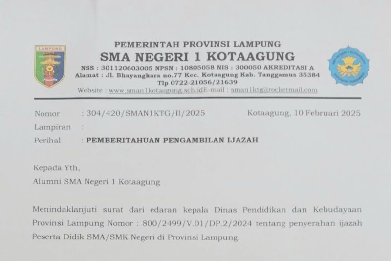 Pengumuman Pengambilan Ijasah SMAN 1 Kota Agung Tanggamus, Senin 10 Februari 2025 | Dok. SMAN 1 Kota Agung.