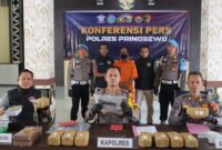 Kapolres Pringsewu, AKBP M. Yunnus Saputra saat menunjukan barang bukti senjata api dan puluhan kilo ganja kering dalam konferensi pers, Selasa 11 Februari 2025 | Davit/Media Prioritastv.com.