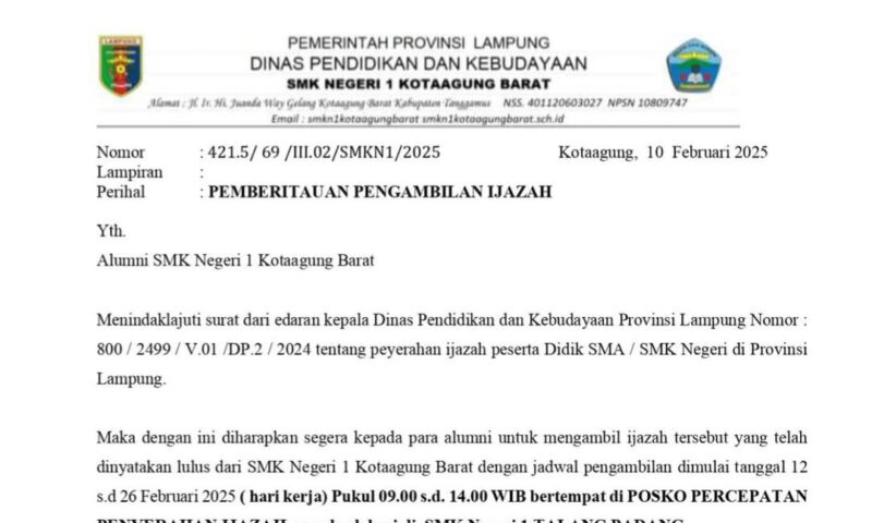 Pengumuman Pengambilan Ijazah SMKN 1 Kota Agung Tanggamus.