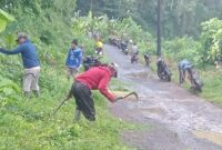 Warga Pekon Bandar Sukabumi, BNS, Tanggamus saat melaksanakan gotong royong, Jumat 14 Februari 2025.
