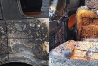 Kolase foto body mobil Isuzu Panther BE 1259 VW diatas ban dan kursi penumpang yang terbakar, Minggu 16 Februari 2025 | Herdi/Media Prioritastv.com.