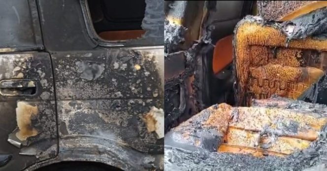 Kolase foto body mobil Isuzu Panther BE 1259 VW diatas ban dan kursi penumpang yang terbakar, Minggu 16 Februari 2025 | Herdi/Media Prioritastv.com.