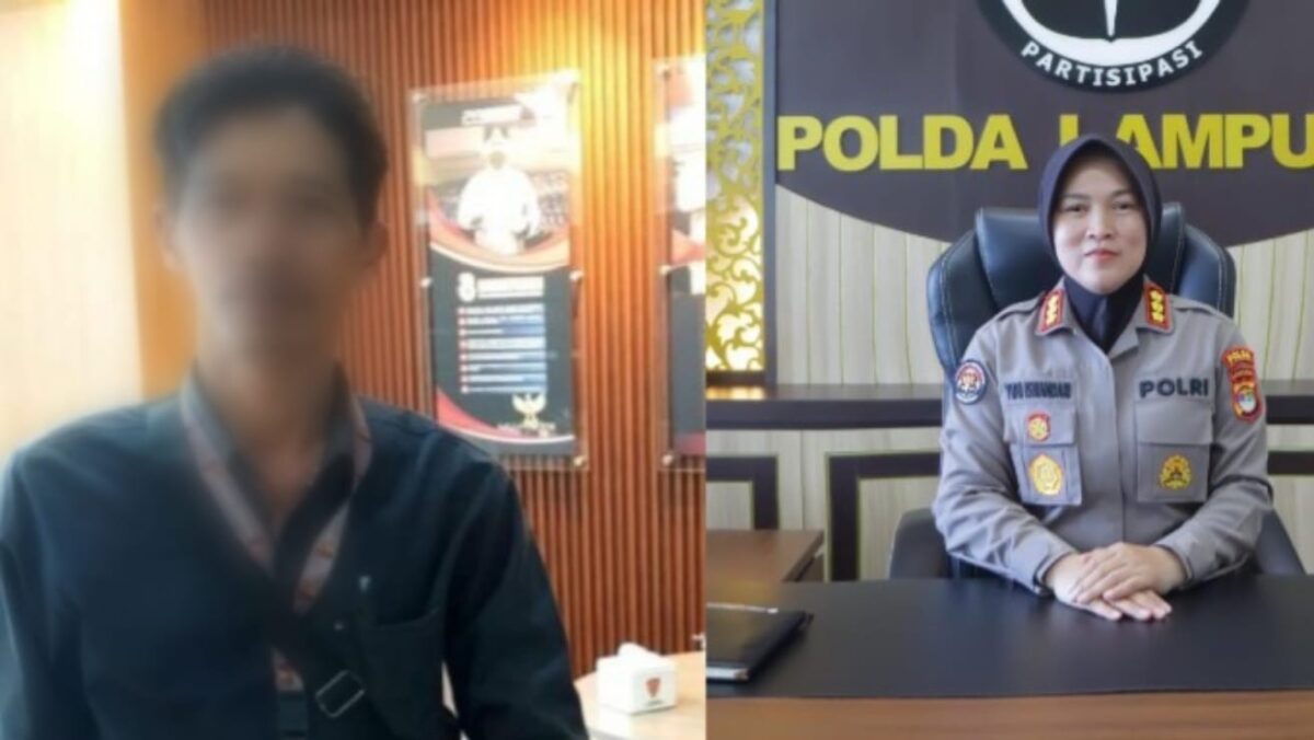 Kolase foto saat Kakon Tegineneng, Limau, Tanggamus, Muslim melapor ke Mabes Polri dan saat Kabid Humas Polda Lampung memberikan keterangan | Erwin/Media Prioritastv.com.