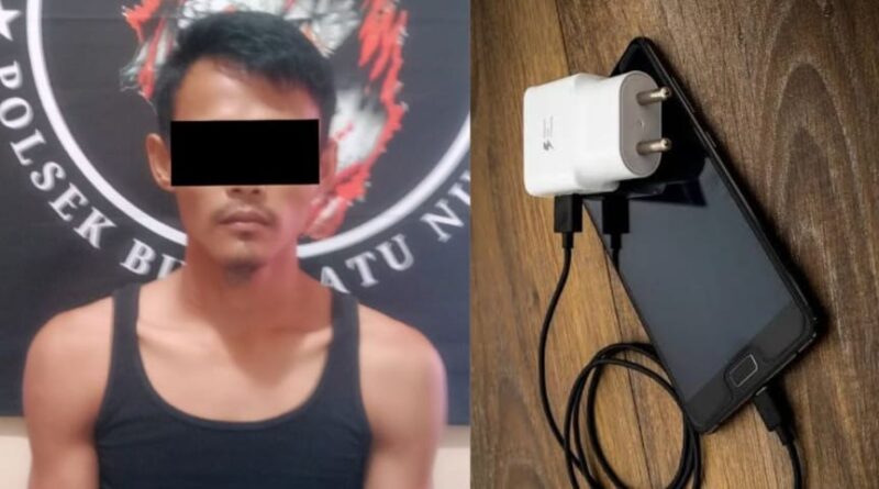Kolase foto tersangka yang pencurian hp di rumah makan Lampung Tengah dan ilustrasi handphone yang dicuri usai isi daya.