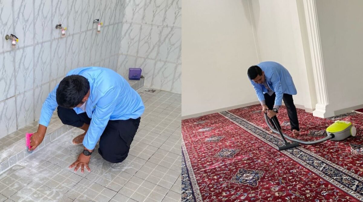 BKPRMI saat membersihkan masjid di Masjid Ar-Raudhah, Perumahan Taman Surapati, Kecamatan Kedaton, pada Senin (17/2/2025).