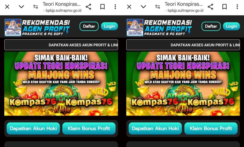 Kolase foto sisipan promosi judi online di Website Pemprov Sultra, Selasa 18 Februari 2025 | Tangkapan Layar.