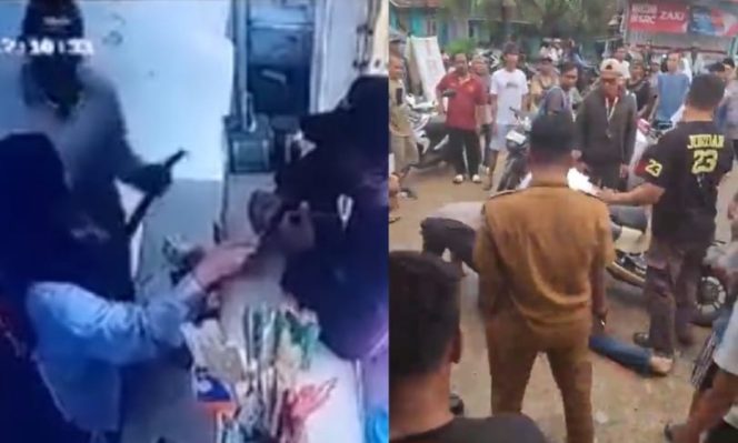 
 Kolase foto saat pelaku mengancam korban dan saat kedua pelaku berhasil diamankan serta dievakuasi polisi, Selasa 18 Februari 2025, sore. | Dok. Tangkapan Layar Video.