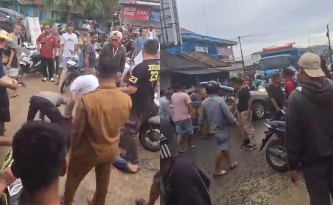 
 Sempat terjatuh, kedua pelaku saat dievakuasi oleh petugas kepolisian dan dibawa ke Polsek Sidomulyo, Lampung Selatan, Selasa 18 Februari 2025, sore | Tangkapan Layar Video.